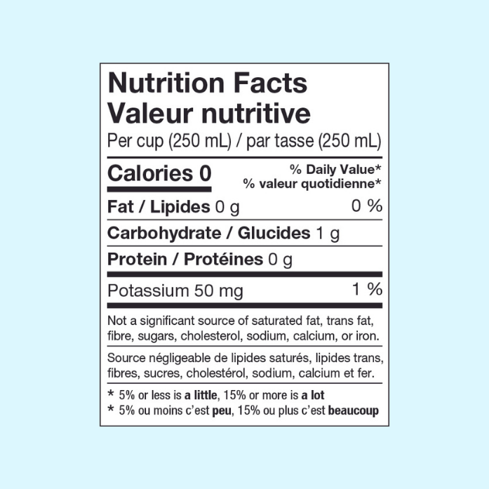 Nutritional Facts Table. Per cup (250 mL) 0 calories, 0 g fat, 1 g carbohydrates, 0 g protein, 50 mg potassium
