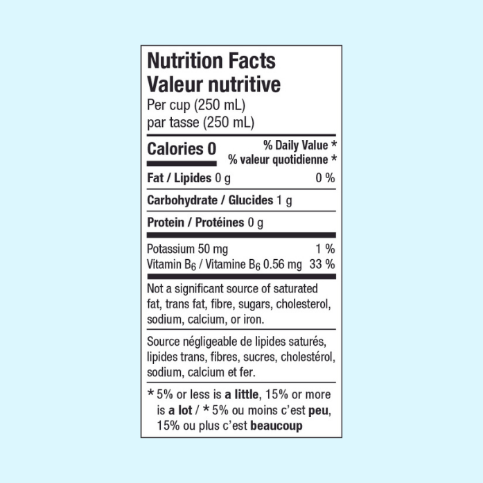 Nutritional Facts Table. Per cup (250 mL) 0 calories, 0 g fat, 1 g carbohydrates, 0 g protein, 50 mg potassium, 0.56 mg Vitamin B6.