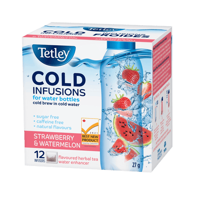 Tetley Cold Infusions Strawberry & Watermelon pack shot pictured beneath a product review. 