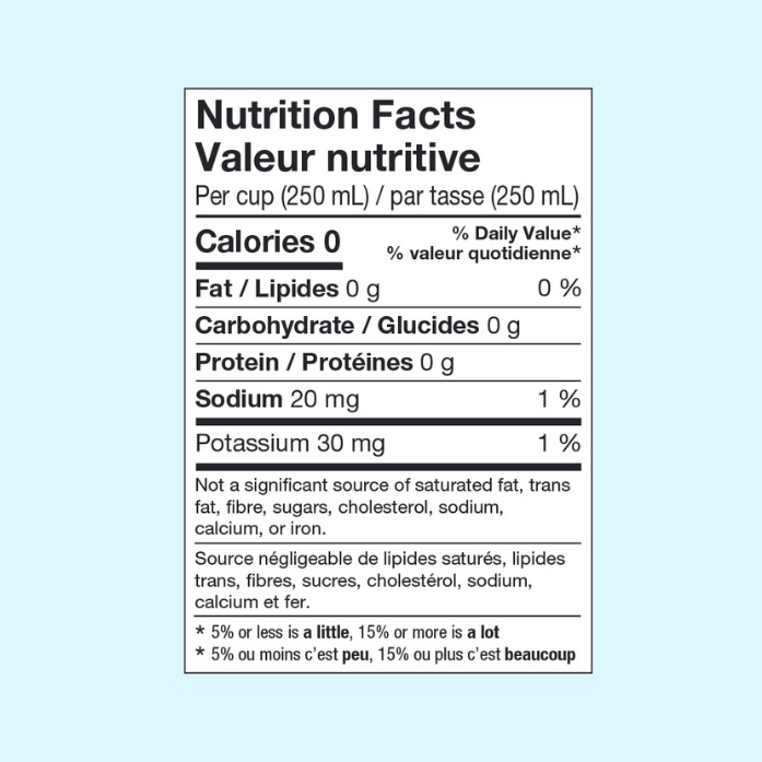 Nutritional Facts Table. Per cup (250 mL) 0 calories, 0 g fat, 0 g carbohydrates, 0 g protein, 20 mg sodium, 30 g potassium
