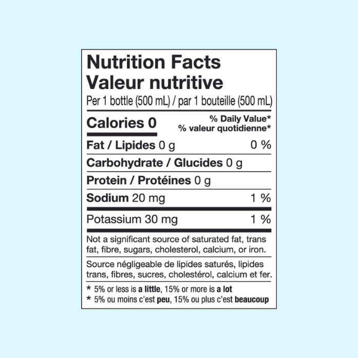 Nutritonal Facts Table. Per 1 bottle (500 mL) 0 calories, 0 g fat, 0 g carbohydrates, 0 g protein, 20 mg sodium, 30 mg potassium