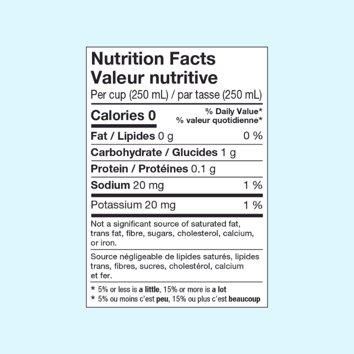 Nutritional Facts Table. Per cup (250 mL) 0 calories, 0 g fat, 0.1 g carbohydrates, 0 g protein, 20 mg Sodium,  20 mg potassium
