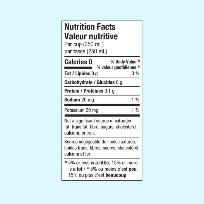 Nutritional Facts Table. Per cup (250 mL) 0 calories, 0 g fat, 0.1 g carbohydrates, 0 g protein, 20 mg Sodium,  20 mg potassium