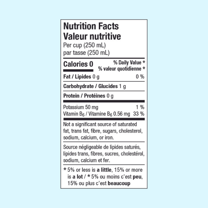 Nutritional Facts Table. Per cup (250 mL) 0 calories, 0 g fat, 1 g carbohydrates, 0 g protein, 50 mg potassium, 0.56 mg Vitamin B6. 