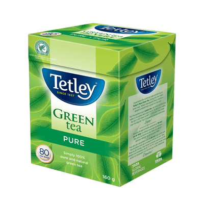 Tetley Pure Green tea pack shot pictured beneath a product review. 