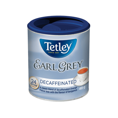 Earl Grey Decaffeinated canister with 24 tea bags. 