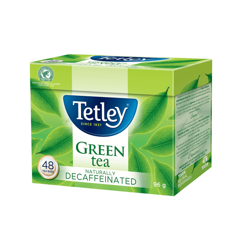 Naturally Decaffeinated Green tea box with 48 tea bags. 