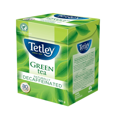 Naturally Decaffeinated Green tea box with 80 tea bags.